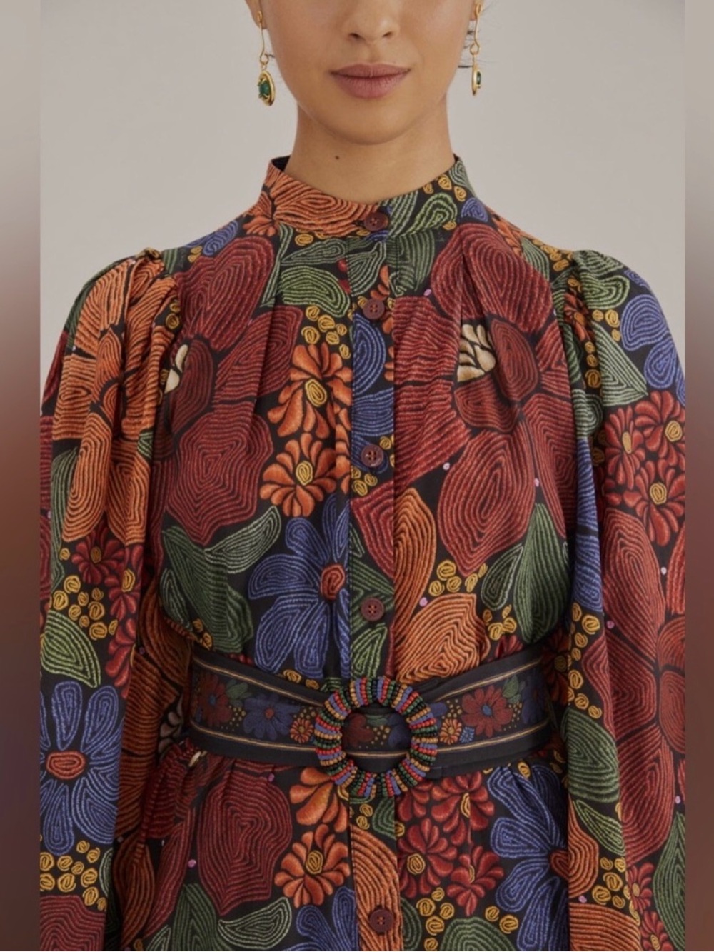 FARM RIO Stitched Flowers Belted Long Sleeved Mini Shirtdress Sz Med - Picture 4 of 8